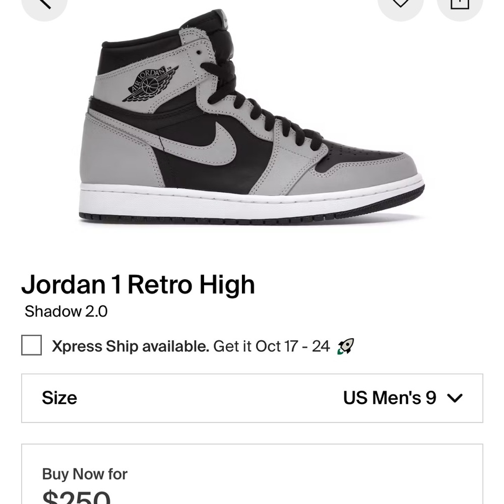 Mens Jordan 1 high shadow 2.0  size 9